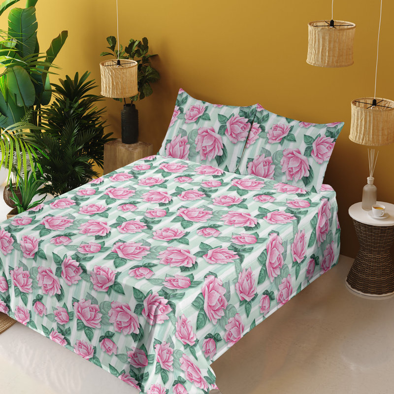 Ambesonne Watercolor Botany Sheet Set 4 Pcs Retro Boho Bloom, Pastel Pink Jade Green Floral