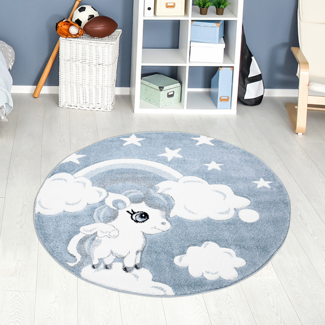 Kinderteppich Bueno 1450 Blau Einhorn Kurzflor Kinderzimmer Teppich Ankenbaer