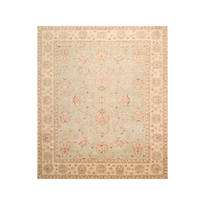 Tapis beige en laine noué à la main de conception unique 7 pi 9 po x 10 pi Galja