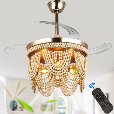  42" BoHo Gold Retractable Ceiling Fan with Light Kit and Remote Wooden Beads Shade 6-speed Reversible DC Motor