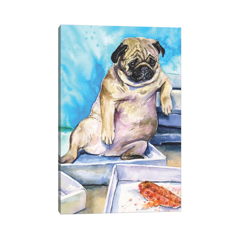 Carlin et pizza par George Dyachenko - reproduction d'art, H 26 po x l 18 po x 1,5 po, Toile tendue, Pas de tapis