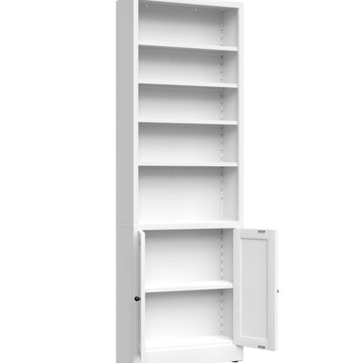 5 - Tier Industrial White Metal Bookcase, 71 Inch Tall With Door And Adjustable Shelves For Home Decor White, Equipped Office