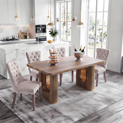 Ensemble de table de salle à manger 64,5 "pour 4 personnes, table de cuisine en bois de ferme avec pieds en piédestal et 6 chaises en velours capitonné