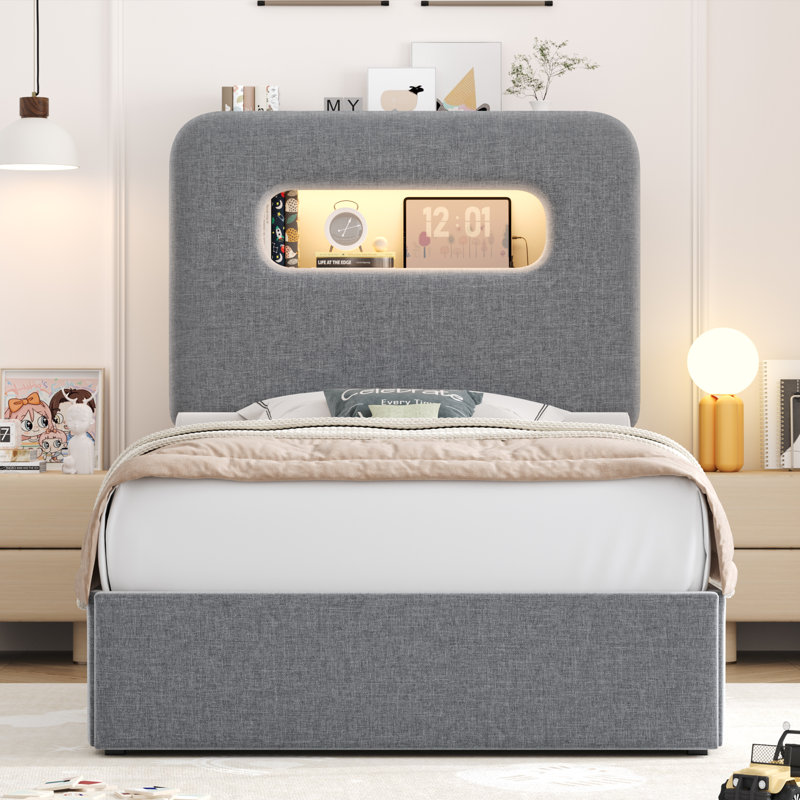 Structure de lit tapissier, lit de rangement avec DEL et station de charge, Simple, Gris