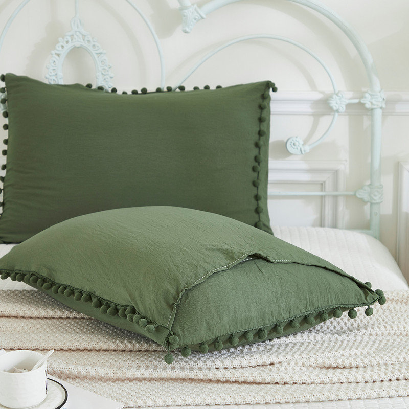 Dark Green Pom Poms Pillowcases King, Green Pillowcases Set of 2, 100% Soft Washed Microfiber, Army Green Ball Fringe Pillow Cover Set, 2 Pack