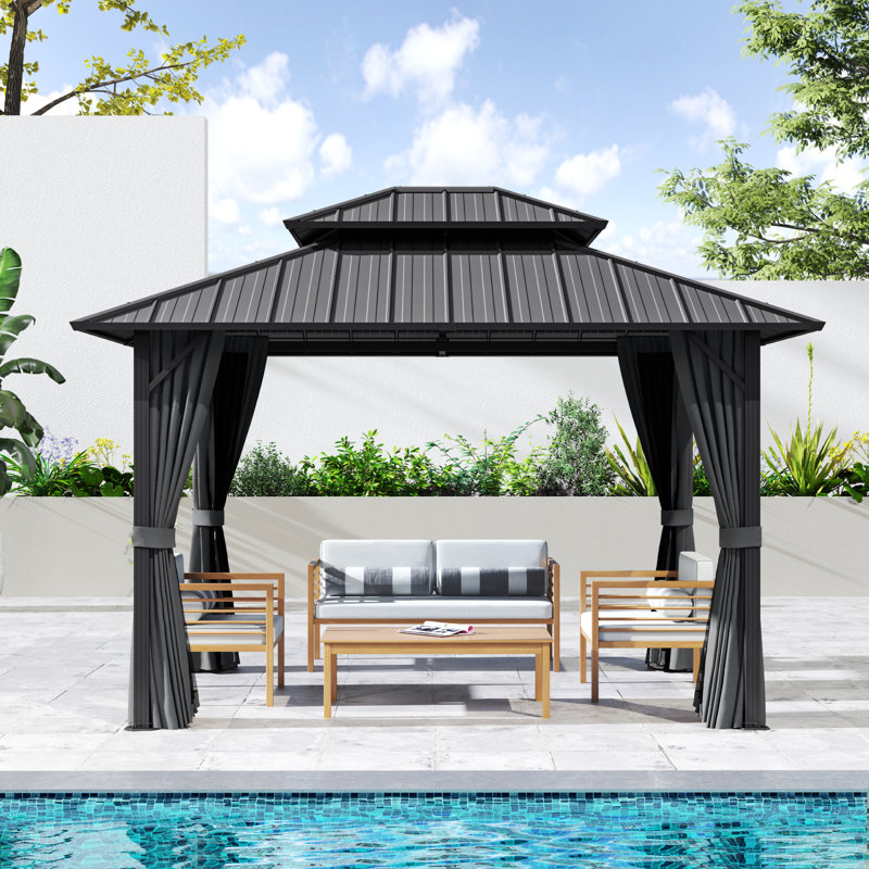 Double Roof Hardtop Metal Patio Gazebo with Curtains and Netting, 77.3"H x 122.4"W x 95.5"D, Grey, Grey