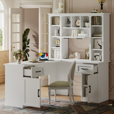  Bureau d'ordinateur en L 65 pouces - Prise de courant intégrée et huche de rangement - Bureau d'angle bleu antique avec 11 tablettes, 2 armoires et 2 tiroirs