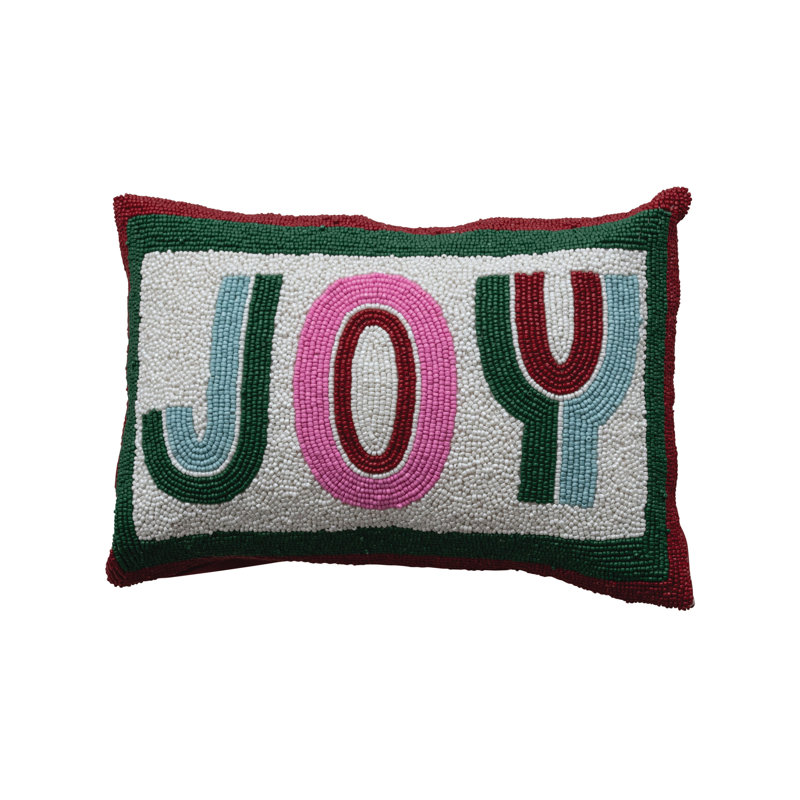 Cotton Blend Beaded Lumbar Pillow "JOY"