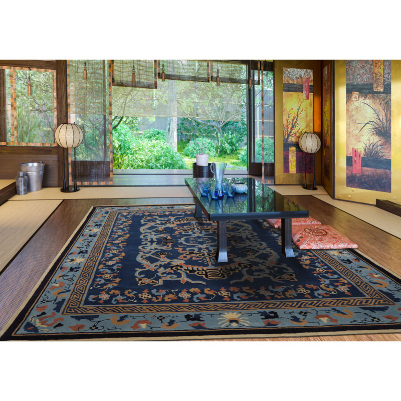 Tapis bleu marine touffeté à la main multicolore de style art déco, Rectangle 10 pi x 14 pi