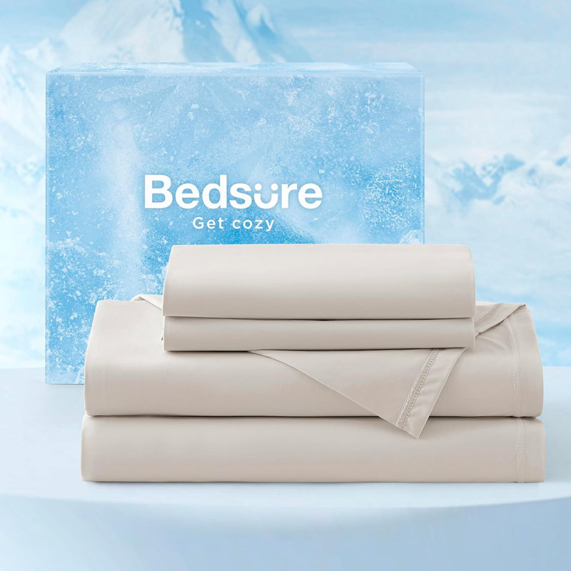 Draps rafraîchissants pour lit avec poche profonde jusqu'à 17,5 po, Beige, Ensemble de draps pour grand lit avec 2 taies d'or