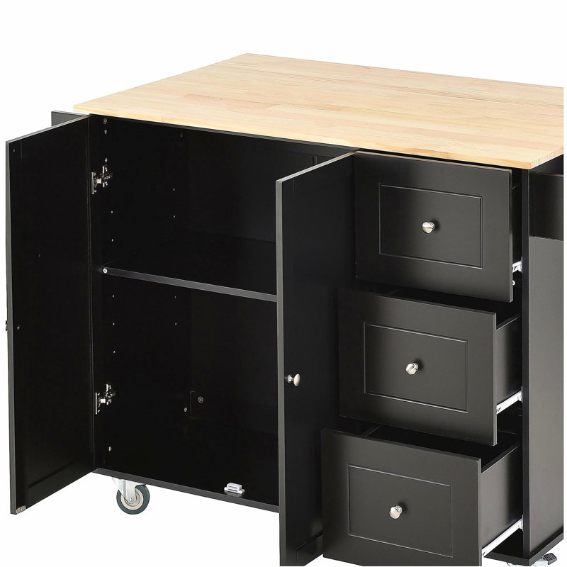 Avec plateau en bois fixe et roulette verrouillable, îlot de cuisine mobile de 52,7 po de largeur, armoire de rangement et barre à déjeuner pliable, étagère à épices, porte-serviettes et tiroir (noir)
