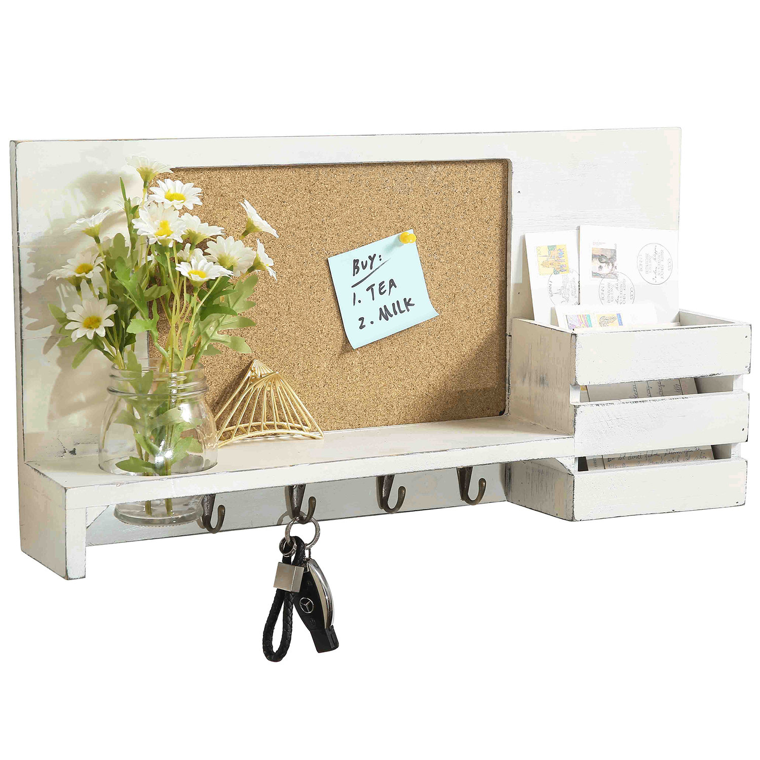 MyGift Floating Wall Shelf with Hooks, Whitewashed Wood Entryway Storage Shelf with 4 Metal Key Hooks