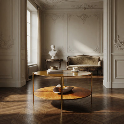 Table basse ronde moderne dorée double couche + verre trempé + rangement et décoration + 32,28 po de diamètre + couleur or