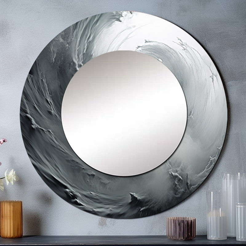 Semone gris tourbillon tourbillonnant en spirale - grand miroir mural spirales abstraites, miroir décoratif rond gris