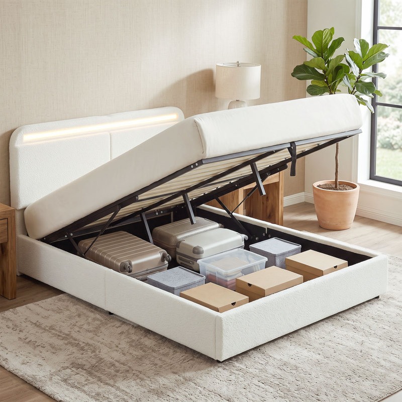 Cadre de lit Queen avec station de recharge, cadre de lit plateforme, blanc