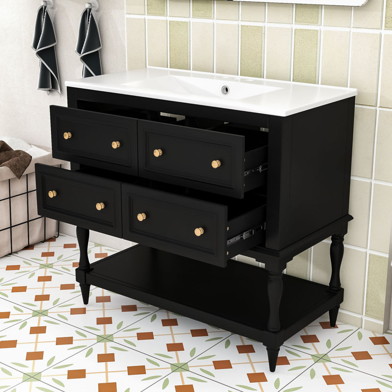 Ensemble de meuble-lavabo élégant en bois 36 po avec lavabo en céramique Chiharu, Noir, noir, noir, noir