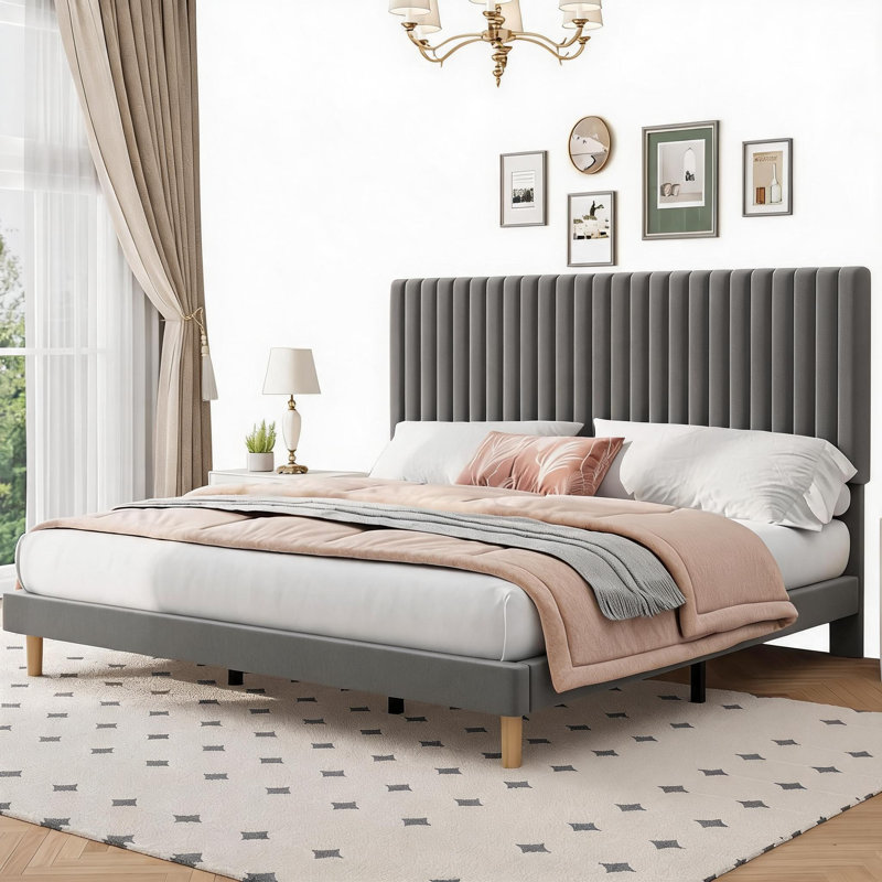 King Size Velvet Bed Frame with Adjustable Headboard, Grey