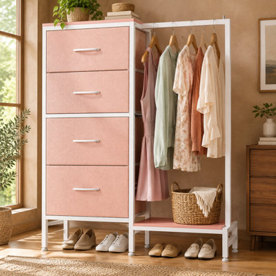Commode réversible rose de 112 cm de haut pour chambre d'enfant, en tissu, avec 4 tiroirs, garde-robe, tour de rangement haute et structure robuste pour petits placards.