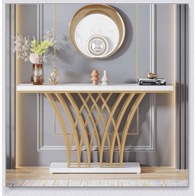 59 Inch Gold Console Table, Modern Faux Marble Entryway Table With Grid Metal Base, Narrow Accent Sofa Table For Living Room, Hallway, Foyer