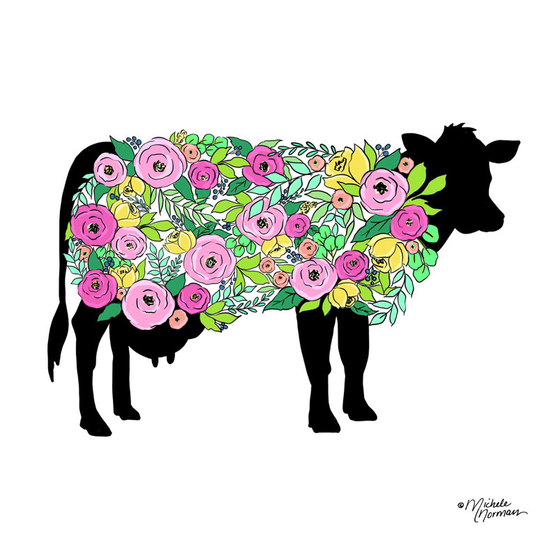 «Floral Cow» par Michele Norman - reproduction d'art sur toile tendue, H 12 po x l 12 po