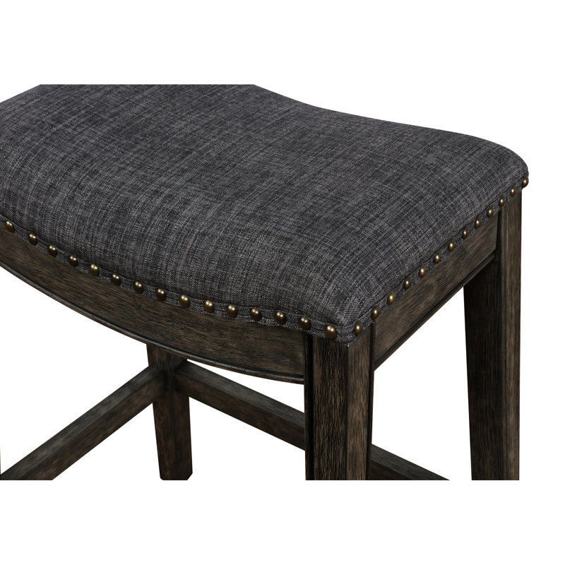 De 2 tabourets de bar selle gris, en bois massif de style blanchi et rembourrage de siège confortable, garniture cloutée 2, avec finition généreuse blanchie
