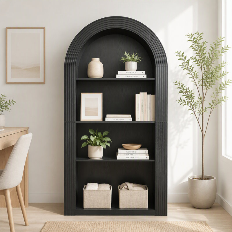 Bibliothèque cintrée de 200 cm de haut, style moderne du milieu du siècle, à 4 niveaux, noire, Black