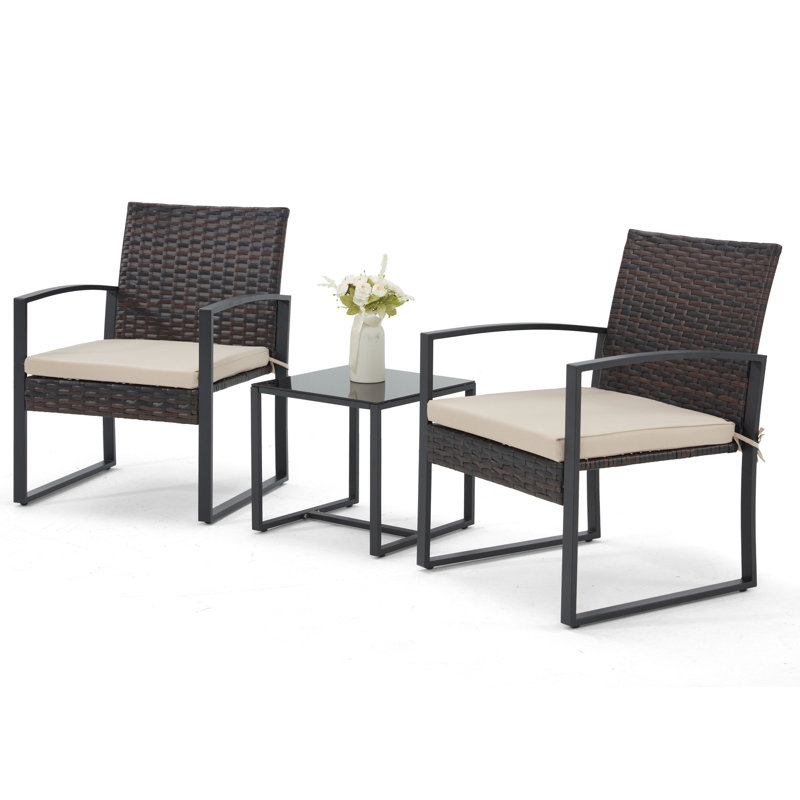 3 Piece Patio Bistro Rattan Chair With Cushions And Coffee Table Set, Beige, Brown