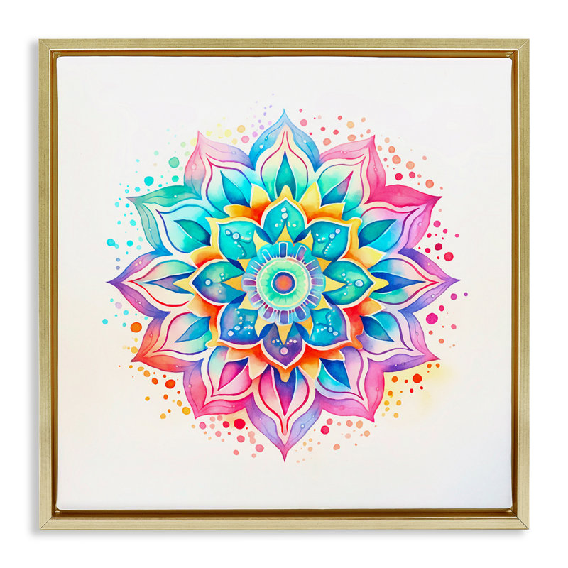 «Magic Rainbow Mandala», art mural encadré flottant par Andrea Haase, Cadre flottant métallique doré, H 25 po x l 25 po