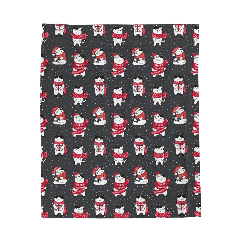 Couverture en velours de velours de coton / Merry Catmas, Double, Blanc / gris / rouge