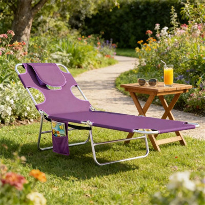 Adjustable Outdoor Sunbathing Chair, Dark Blue Foldable Beach Lounge Chair With 5-position Reclining Backrest, Face Cavity & Arm Slots, Side Pocket, Carry Strap, 264 Lbs Capacity