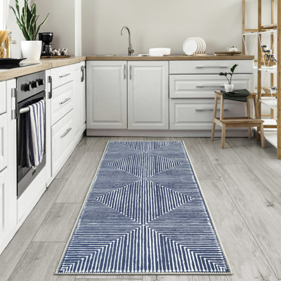  Tapis lavable antidérapant - Tapis rayé bleu pour le salon, la chambre à coucher, la salle à manger et la cuisine