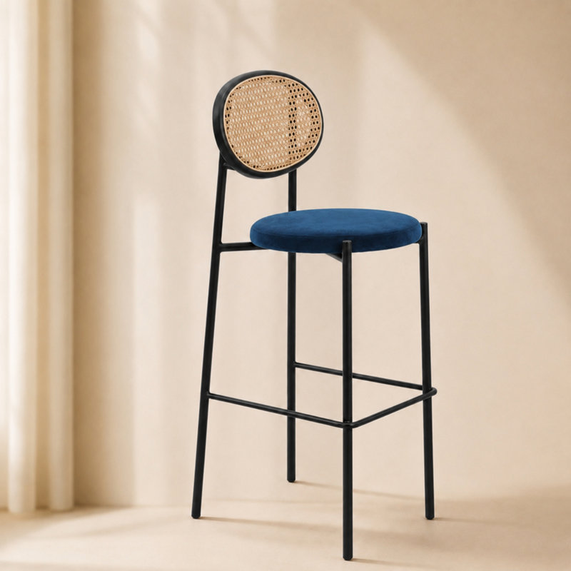 Tabouret de bar moderne en tissu Euston, Bleu marine, 1