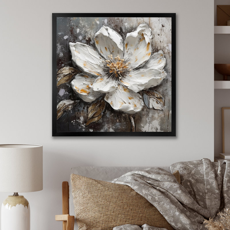 Ronn " Melodies Of Daisy White And Black II ", Black Picture Framed, 16" H x 16" W x 1" D