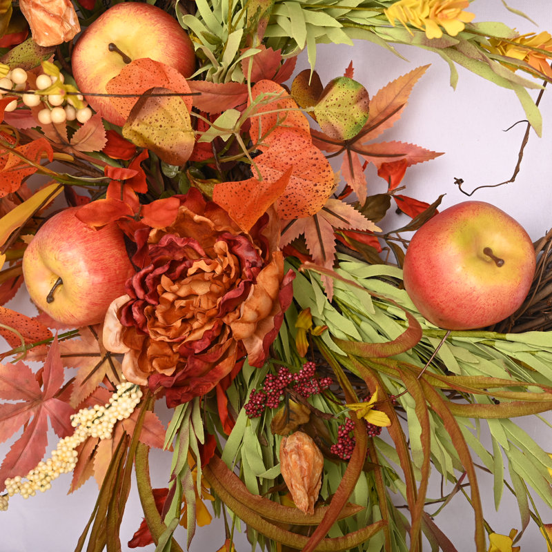 26" Fall Autumn Artificial Apple Fruits Peony Wreath for Front Door