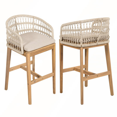 Ensemble de 2 tabourets d'extérieur en bois et corde avec coussin beige pour patio et terrasse
