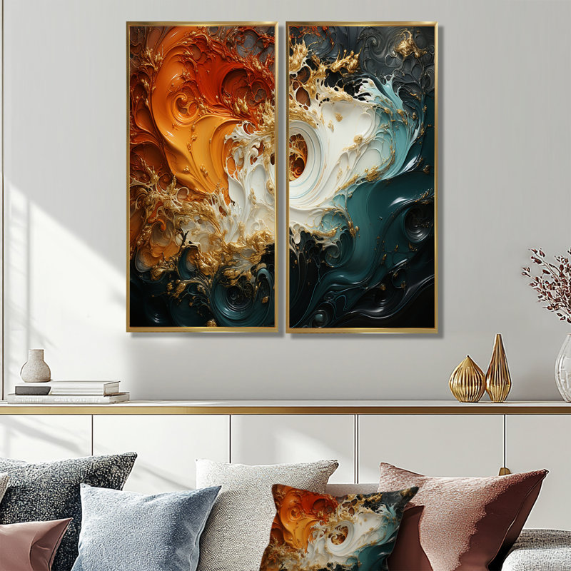 Orange et marbre émeraude lave VI - peinture murale abstraite, H 20 po x l 24 po, Impression encadrée flottante, Doré