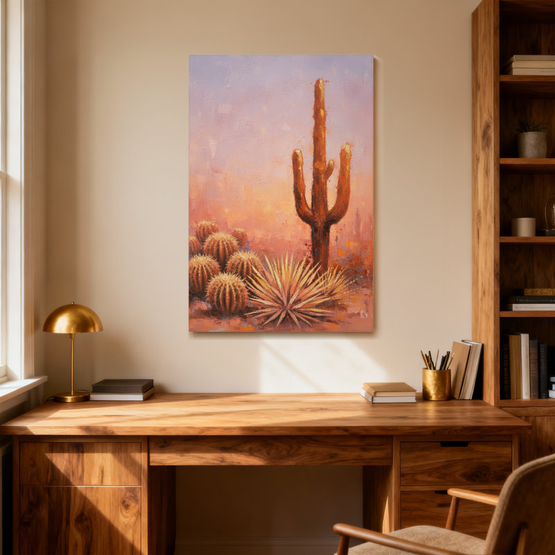 Plantes et fleurs, paysage désertique avec cactus et lumière du soleil, H 36 po x l 24 po