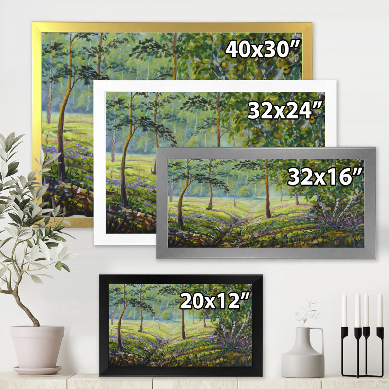 Pins et buissons dans la forêt I - peinture sur toile, H 24 po x l 32 po x P 1 po, Encadrement argenté