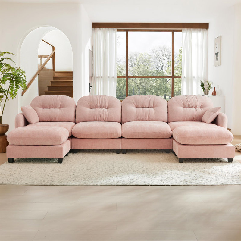 Canapé modulaire en U modulaire avec repose-pieds, Chenille rose