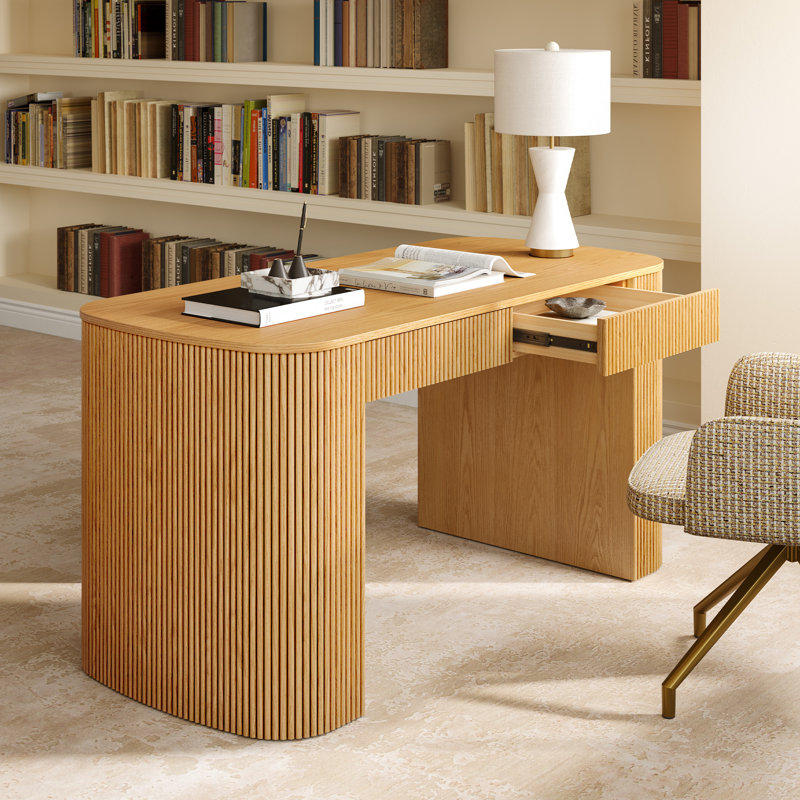 Bureau d'écriture moderne à double piédestal cannelé en chêne naturel avec 2 tiroirs de rangement l 61 po x P 28 po HERNEST