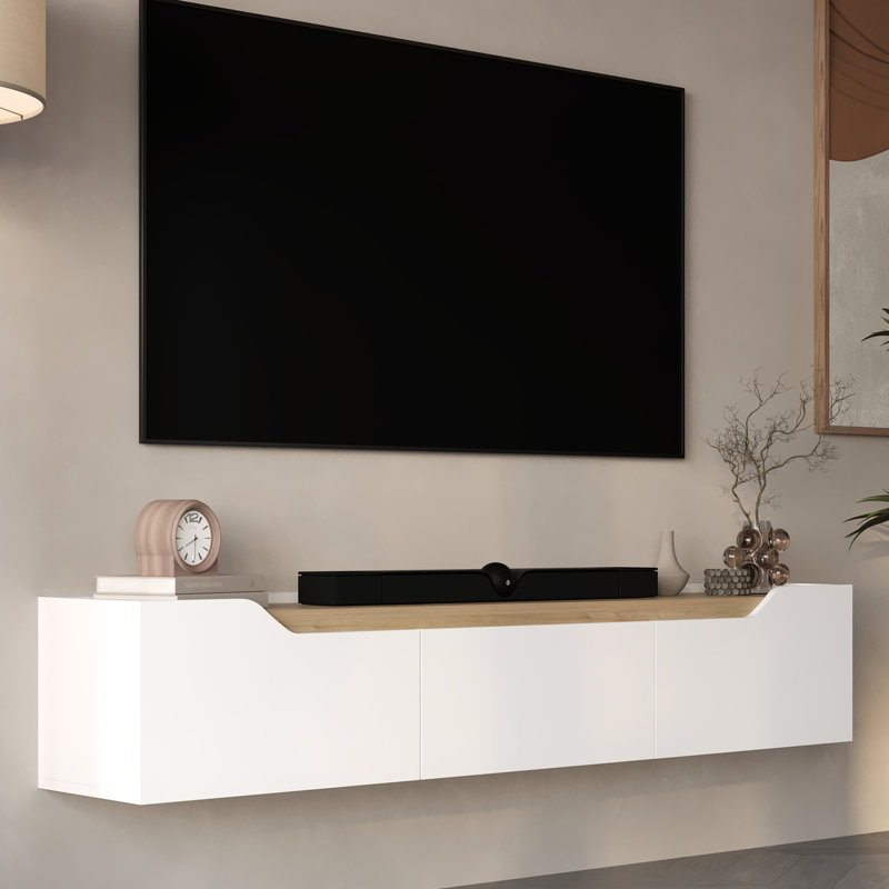 Meuble télé flottant avec 3 armoires Newa, Blanc / Chêne