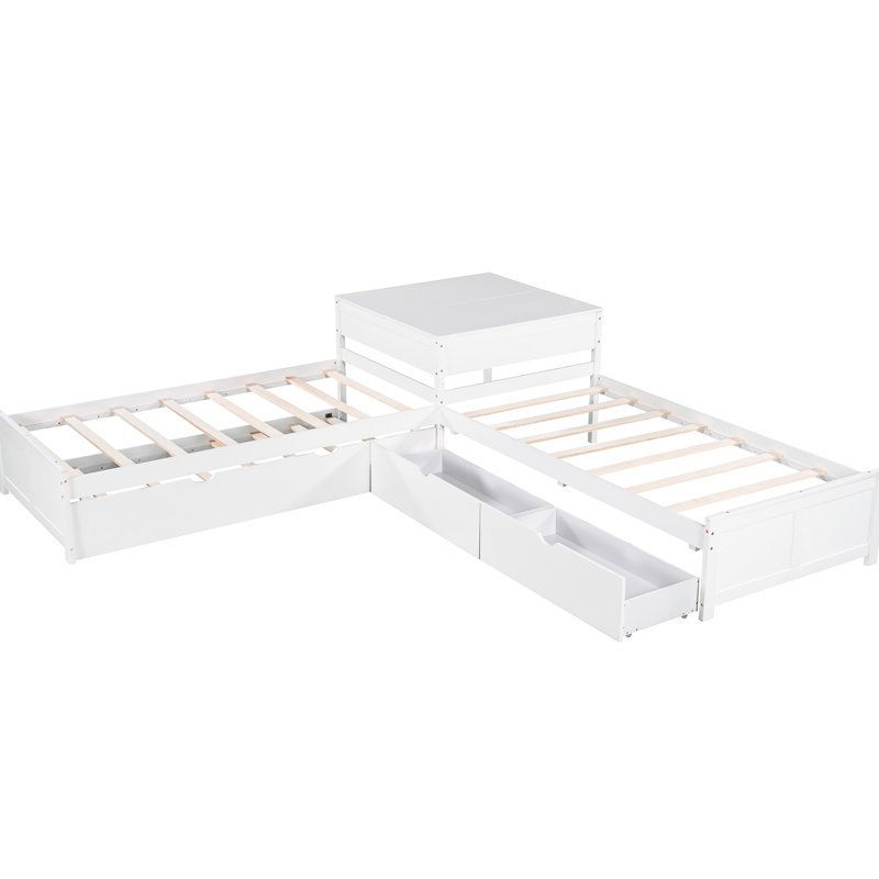 Lit plateforme simple en L blanc avec bureau intégré et lit gigogne - Construction en pin pour plusieurs utilisateurs et familles de bois solides