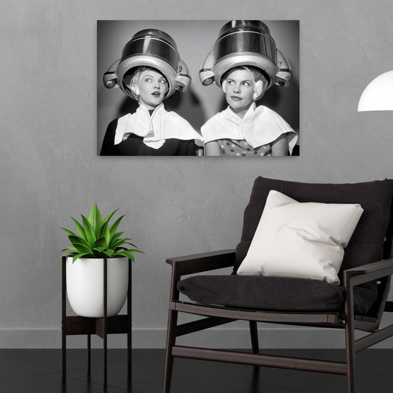 1950S Two Women Sitting Under Beauty Salon Hair Dryers Wearing Hairnets Towels Talking Gossip Classic Retro Vintage Portrait Wall Art