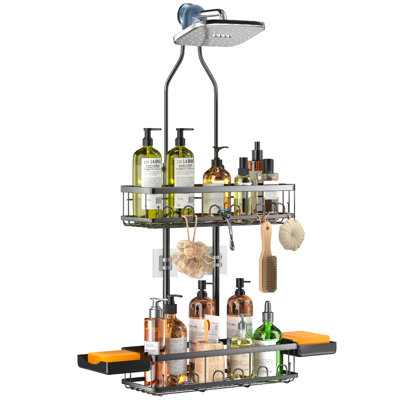 Shower Caddy Hanging Over Shower Head, Adjustable, Adjustable Height Anti-sway Design Holds 40 lb; Quick-drain Steel; Includes 2 Soap Trays, (Black)