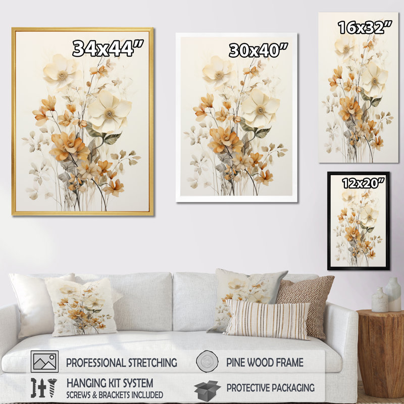 Fleurs beiges en pleine floraison III sur toile, Cadre flottant noir, H 44 po x l 34 po x P 1,5 po