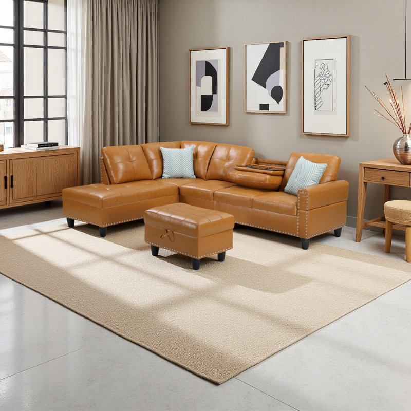 Canapé modulaire en similicuir avec repose-pieds, Similicuir gingembre