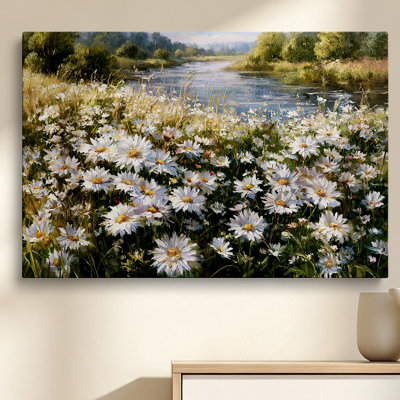 Rustic Daisy Wildflower Meadow Landscape Wrapped Canvas Wall Art - Living Room Decor