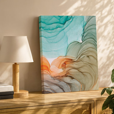 "Toile", une composition abstraite vibrante avec des formes fluides tourbillonnantes dans des tons, art mural doux turquoise crème et beige