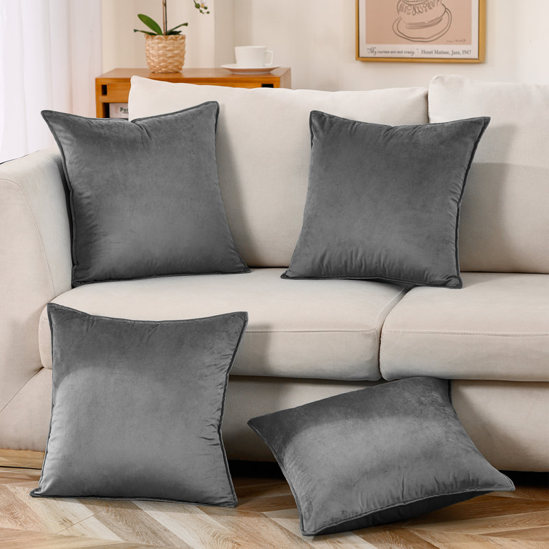 Set Of 4 Throw Velvet Cushion Covers, 18"H x 18"W, Light Gray