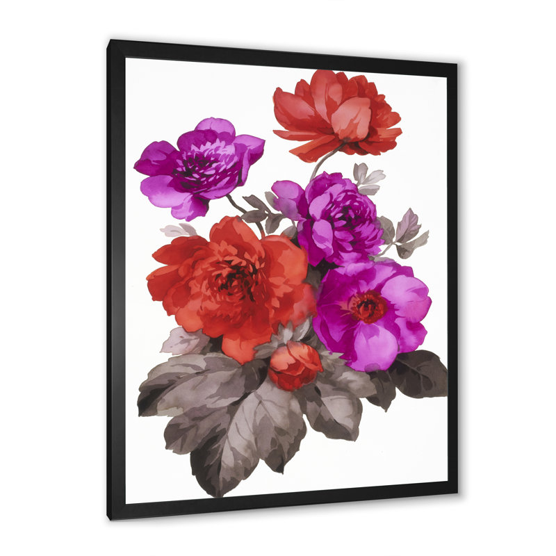 Fleurs rouges et fuchsia - Peinture sur toile, Cadre photo noir, H 32 po x l 24 po x P 1 po